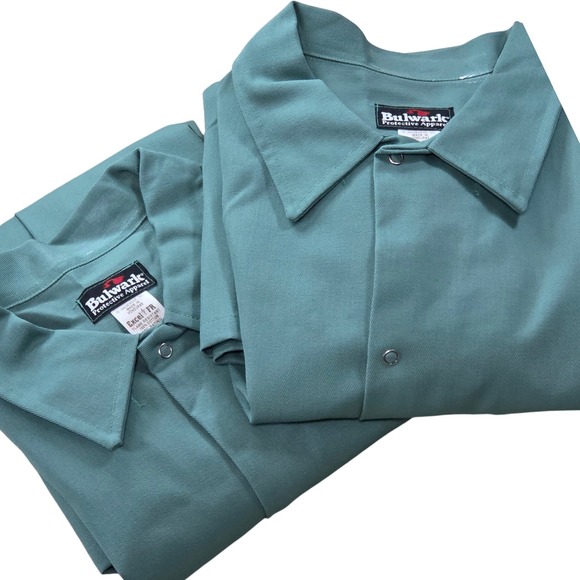 2x Bulwark Flame Resistant Work Shirt FR Excel Cotton Green Button Up Large - Picture 1 of 7